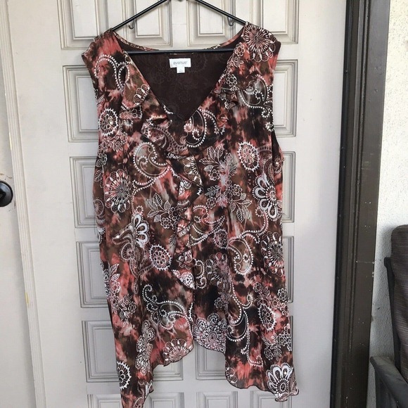 Avenue Tunic Blouse Plus Sz26/28 Earthtones Ruffle Neckline Lined Pre-Ownedt - Picture 9 of 10